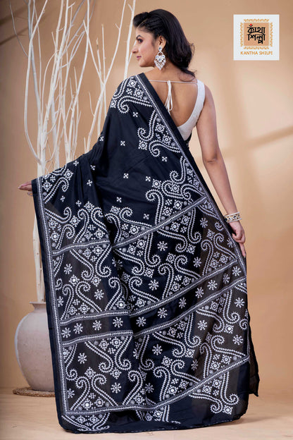 Black Bangalore Silk White Thread Work Gujrati Stitch Saree