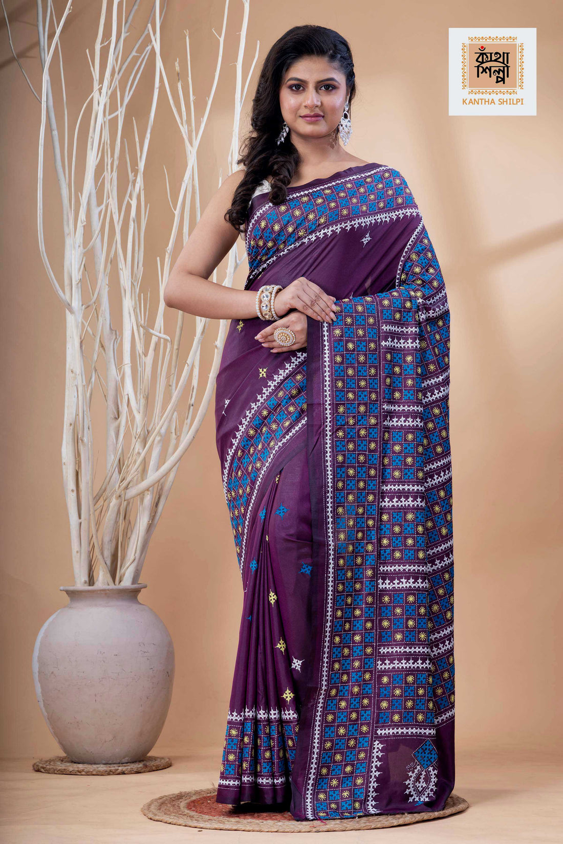 Magenta Bangalore Silk Tri-color Thread Work Gujrati Stitch Saree