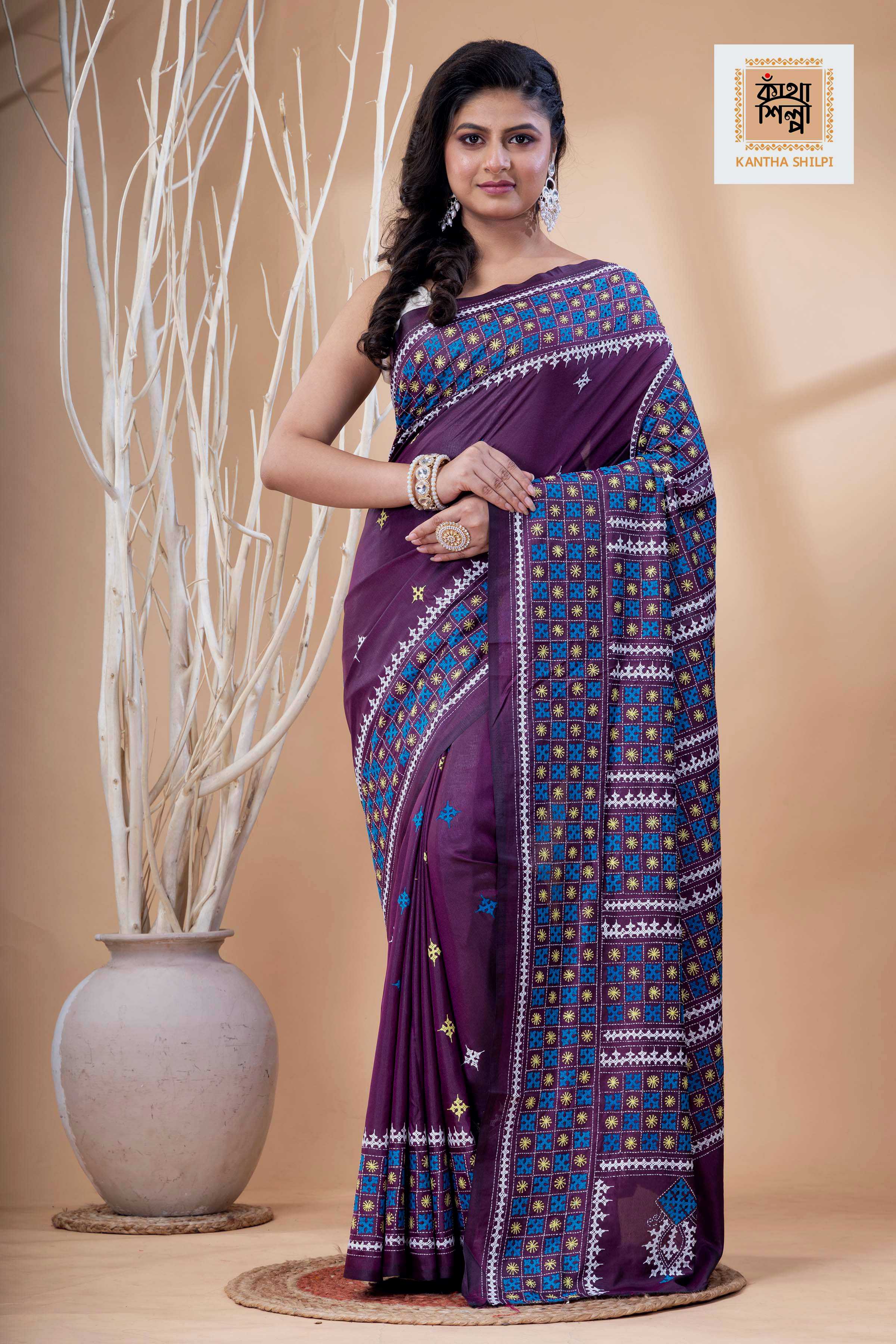 Magenta Bangalore Silk Tri-color Thread Work Gujrati Stitch Saree