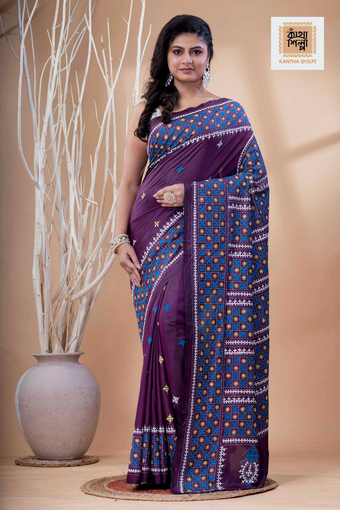 Magenta Bangalore Silk Tri-color Thread Work Gujrati Stitch Saree