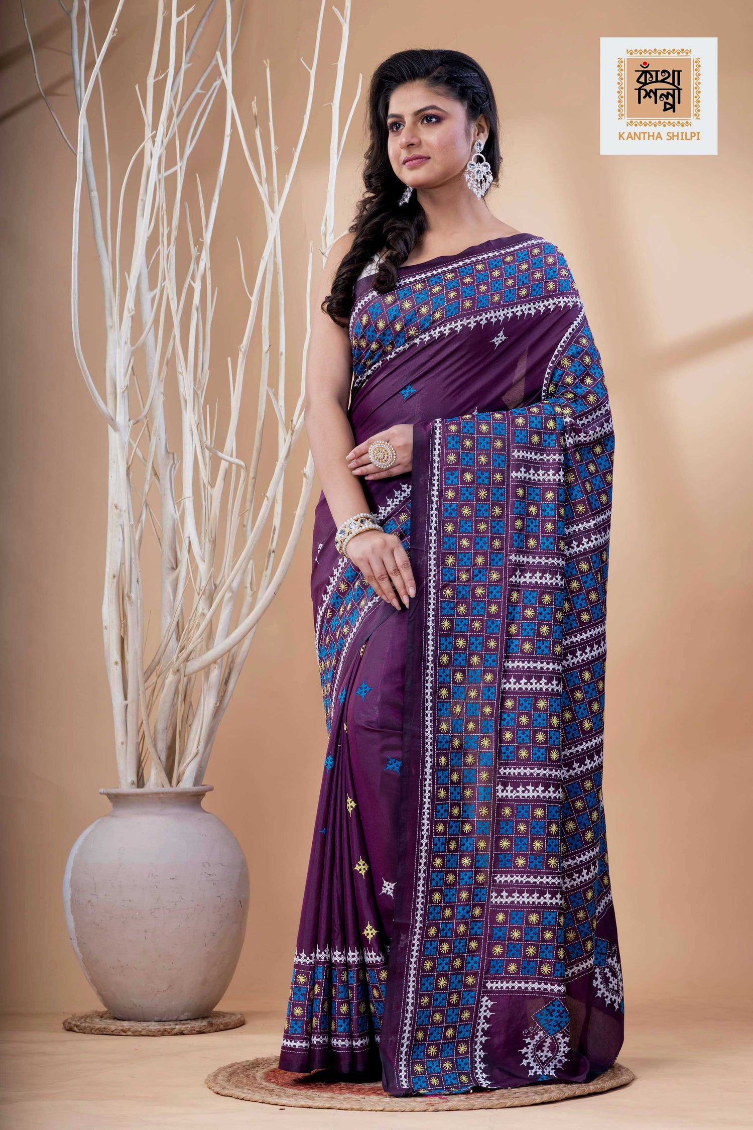 Magenta Bangalore Silk Tri-color Thread Work Gujrati Stitch Saree