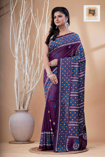 Magenta Bangalore Silk Tri-color Thread Work Gujrati Stitch Saree