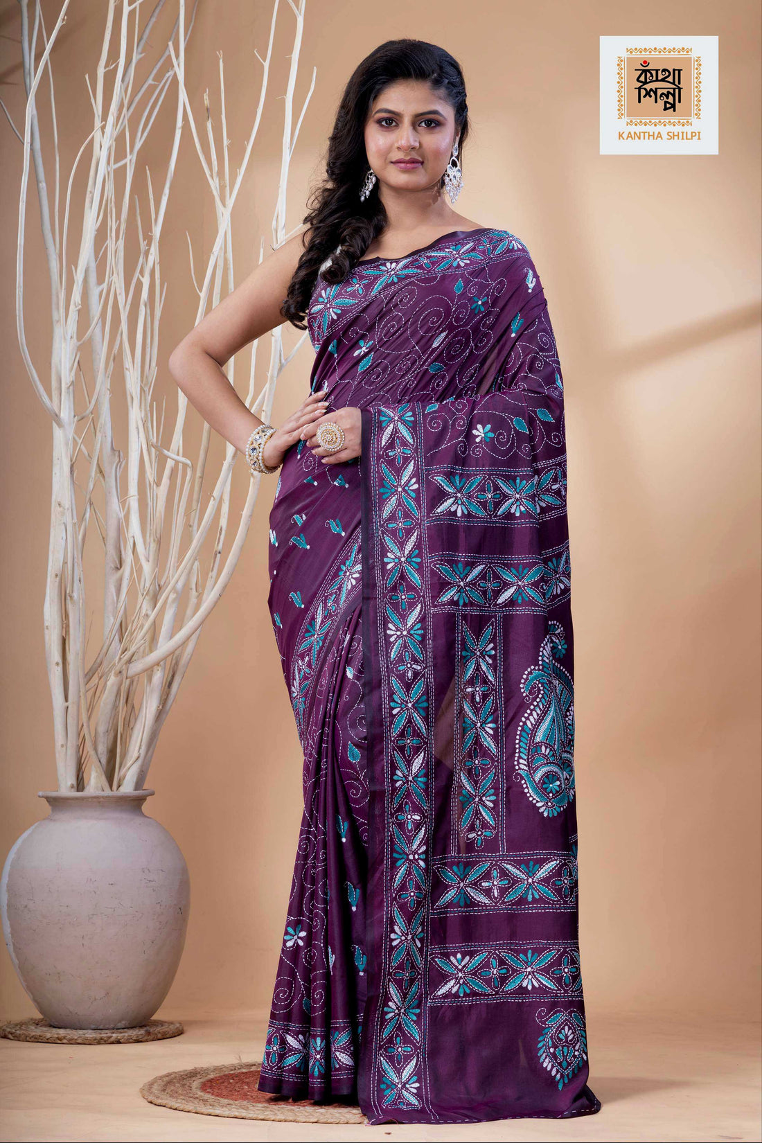 Wine Color Bangalore Silk Dual Color Thread Work Kantha Stitch Saree