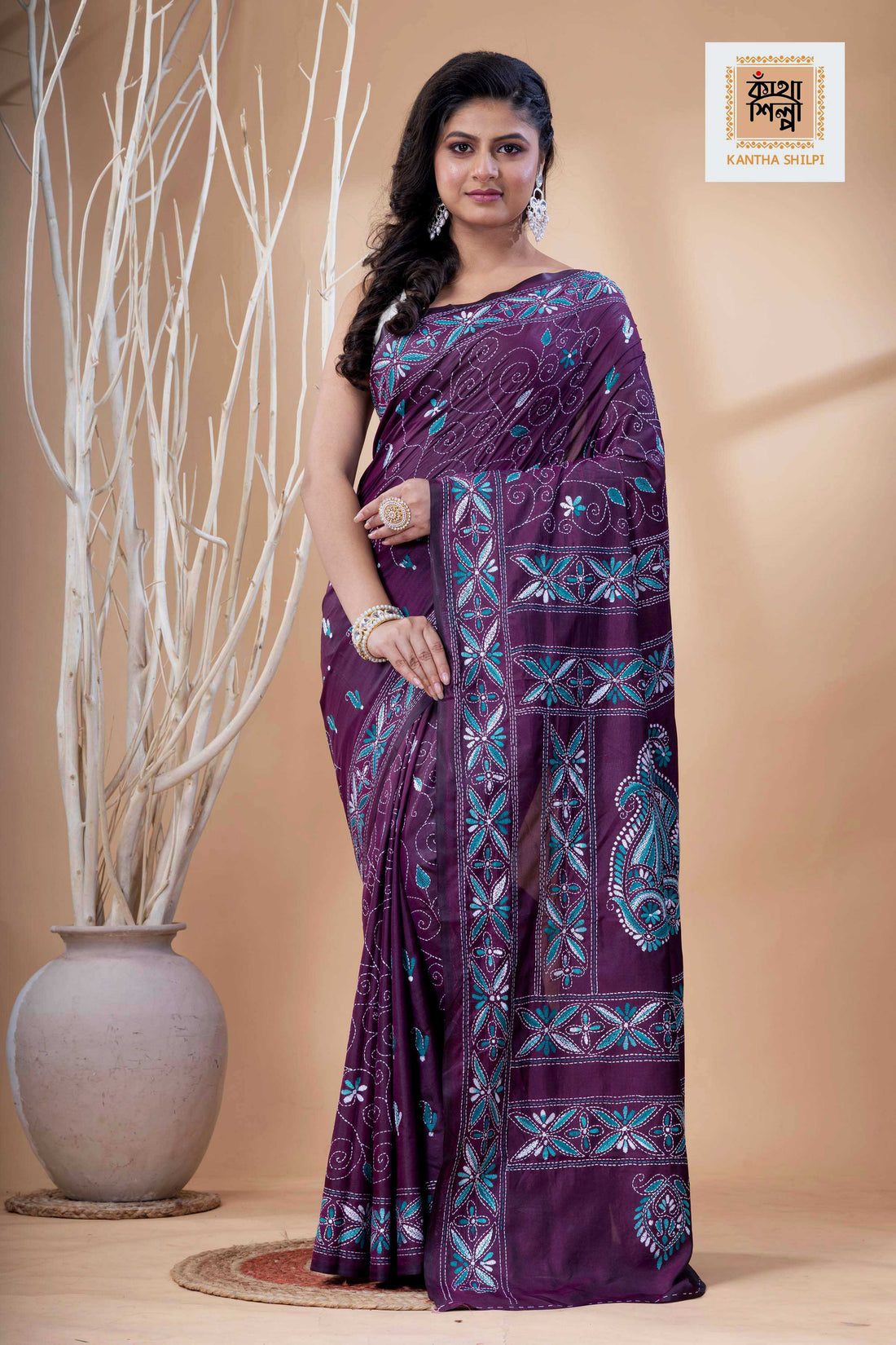 Wine Color Bangalore Silk Dual Color Thread Work Kantha Stitch Saree