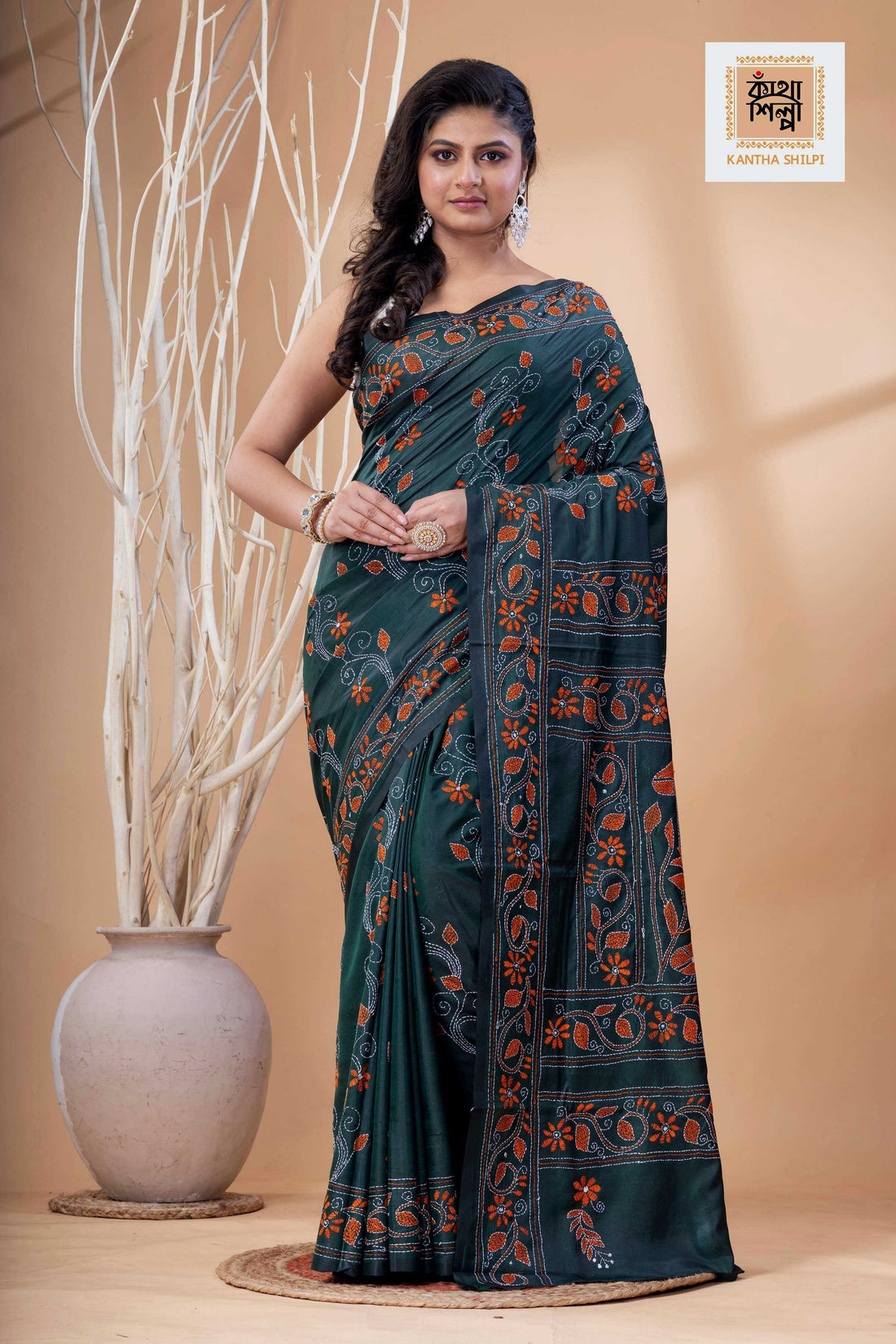 Dark Green Color Bangalore Silk White-orange Color Thread Work Kantha Stitch Saree