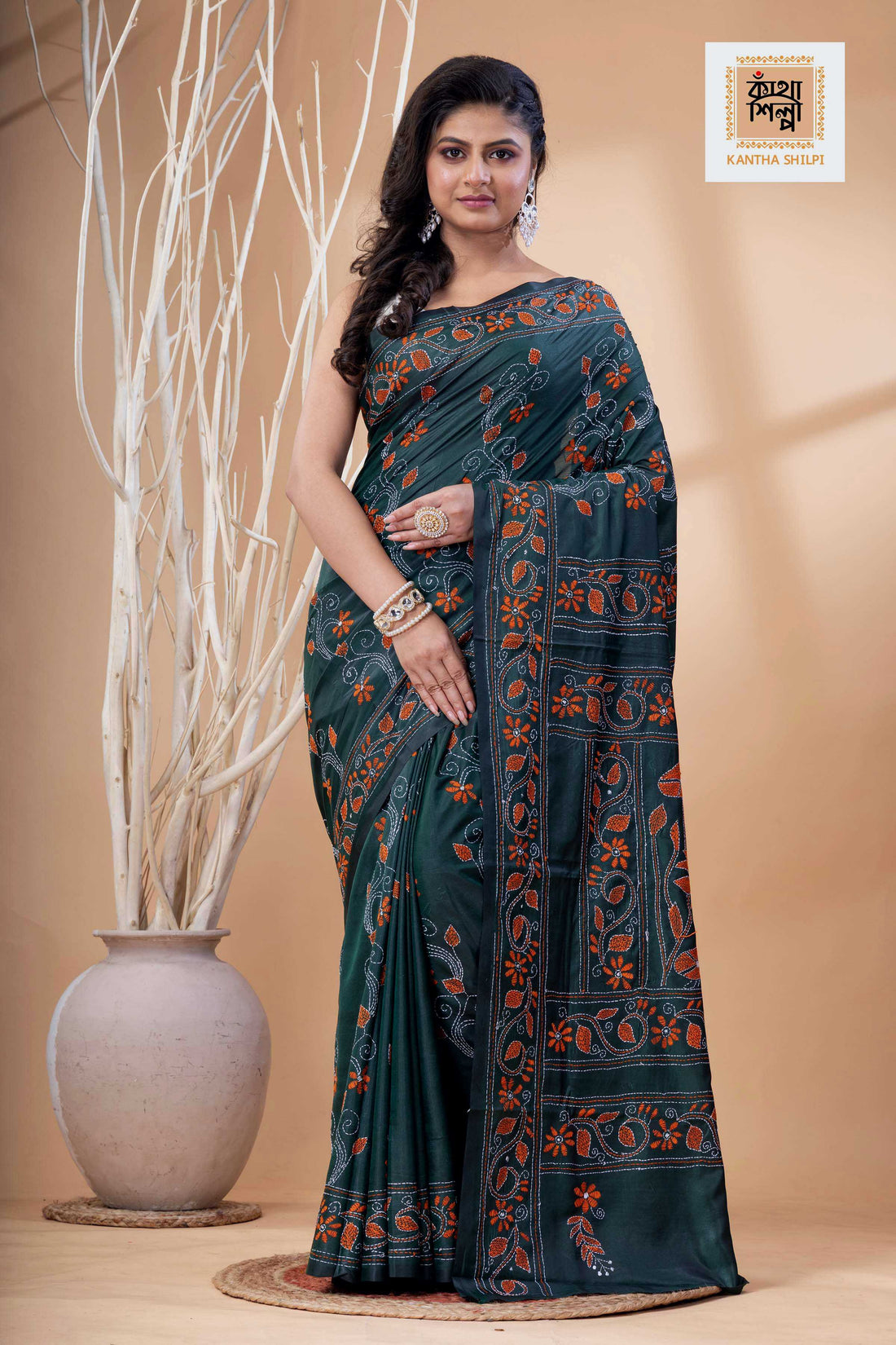 Dark Green Color Bangalore Silk White-orange Color Thread Work Kantha Stitch Saree