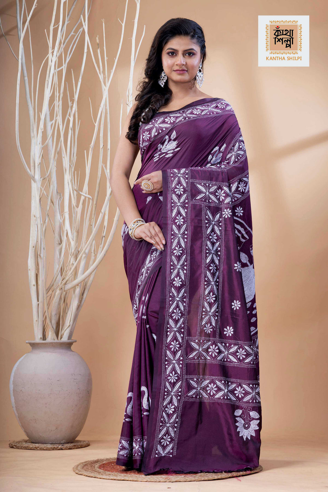 Magenta Color Bangalore Silk White Color Thread Work Kantha Stitch Saree