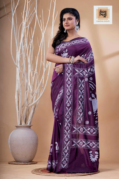Magenta Color Bangalore Silk White Color Thread Work Kantha Stitch Saree