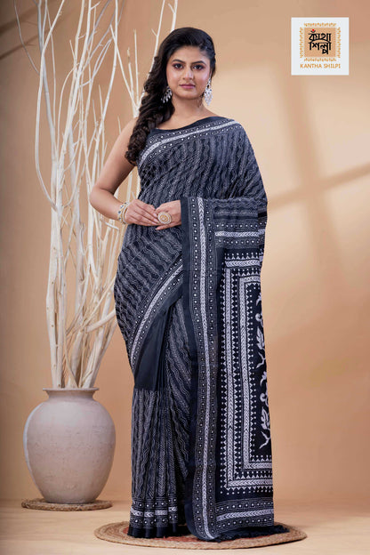 Black Color Bangalore Silk White Color Thread Work Kantha Stitch Saree