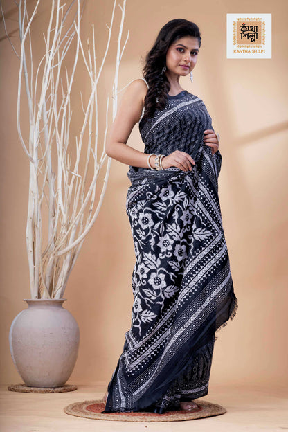 Black Color Bangalore Silk White Color Thread Work Kantha Stitch Saree