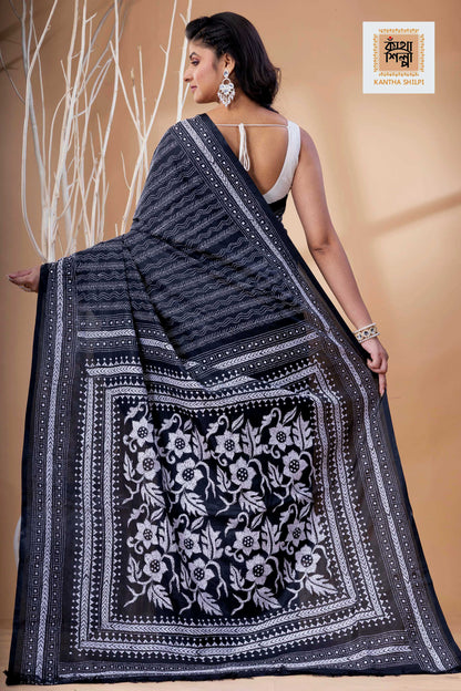 Black Color Bangalore Silk White Color Thread Work Kantha Stitch Saree