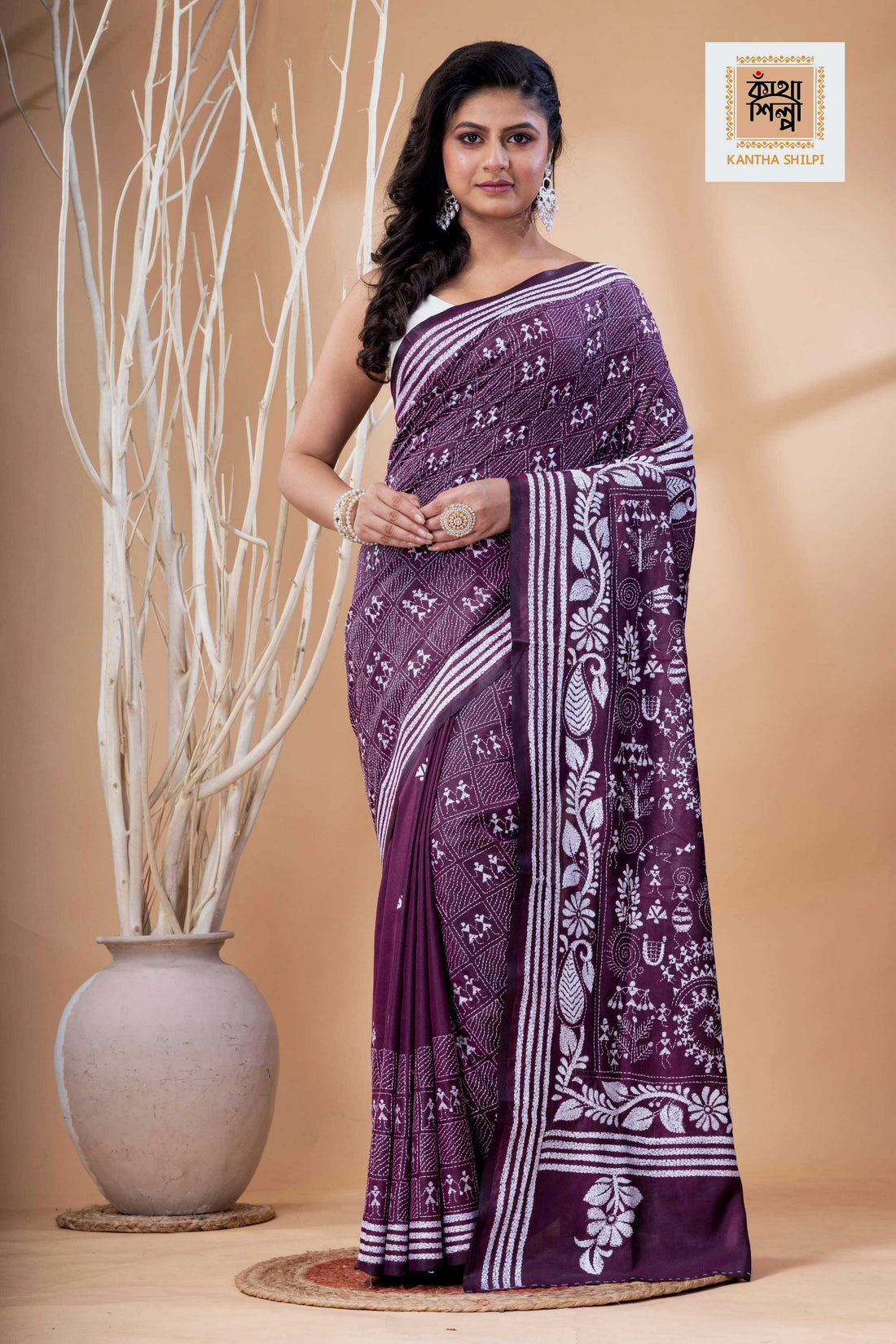Wine Color Bangalore Silk White Color Thread Work Kantha Stitch Saree