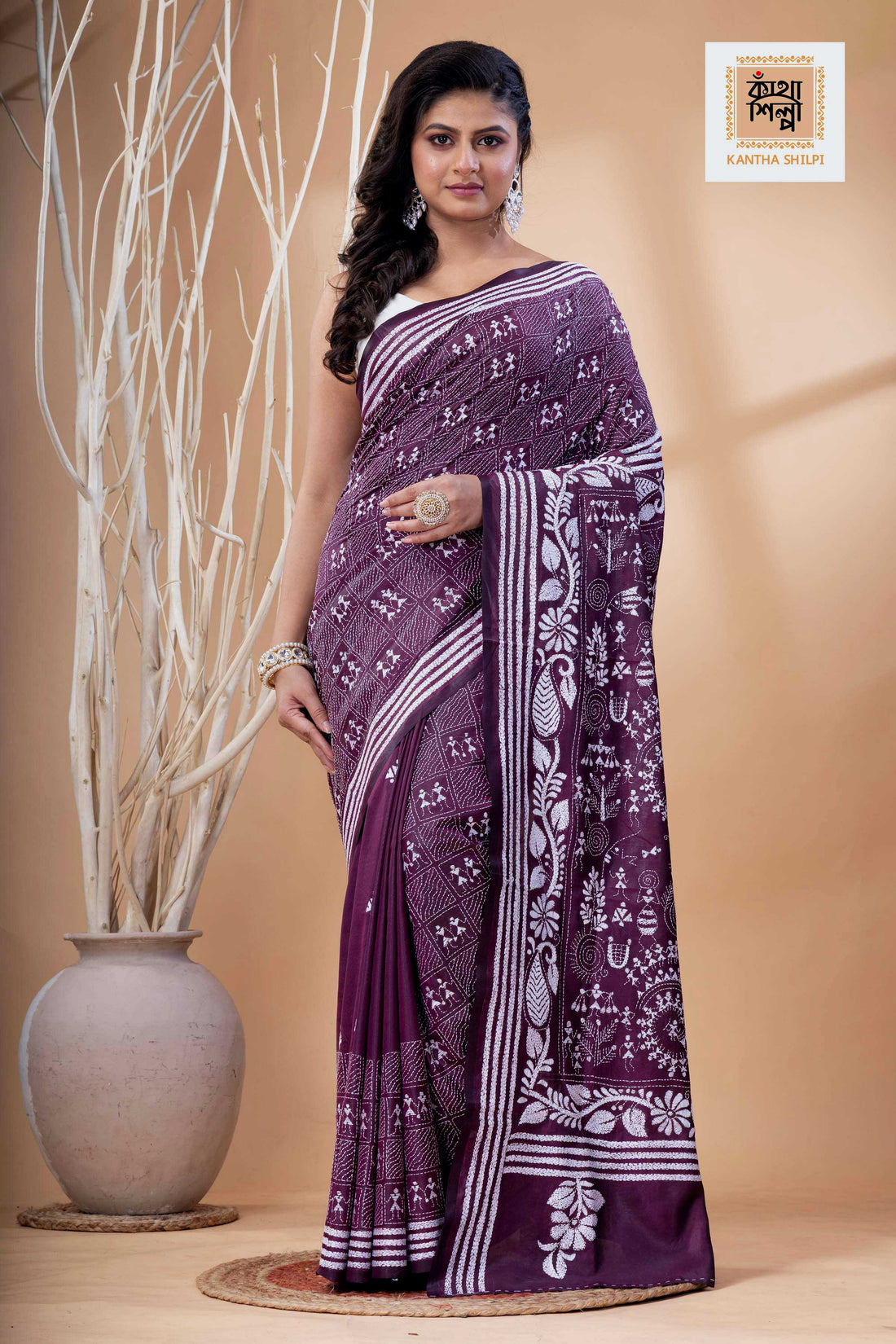 Wine Color Bangalore Silk White Color Thread Work Kantha Stitch Saree