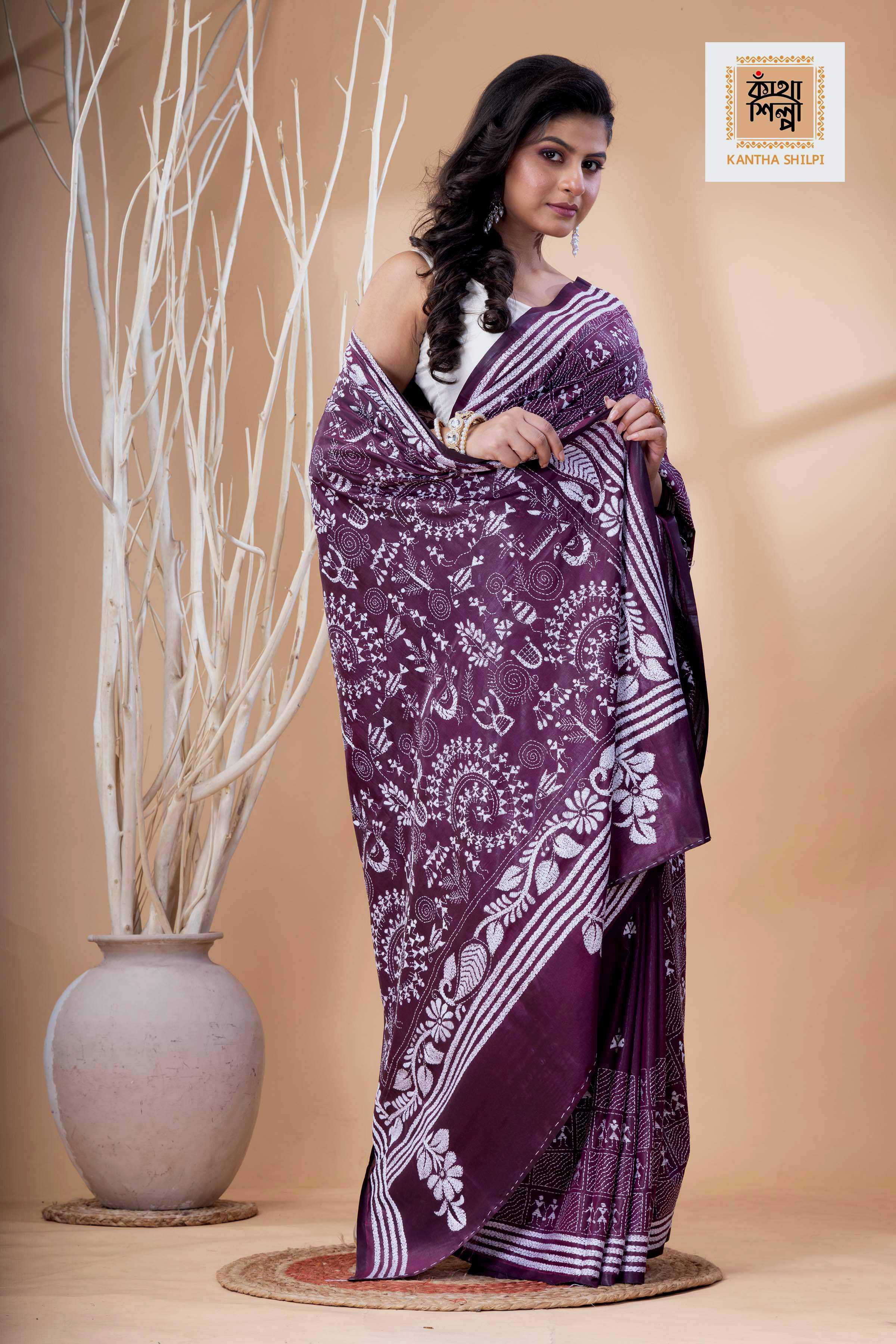 Wine Color Bangalore Silk White Color Thread Work Kantha Stitch Saree