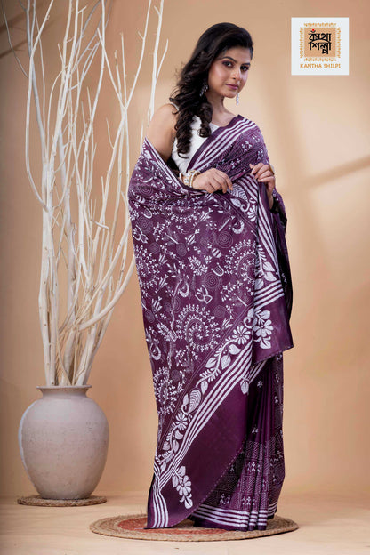 Wine Color Bangalore Silk White Color Thread Work Kantha Stitch Saree