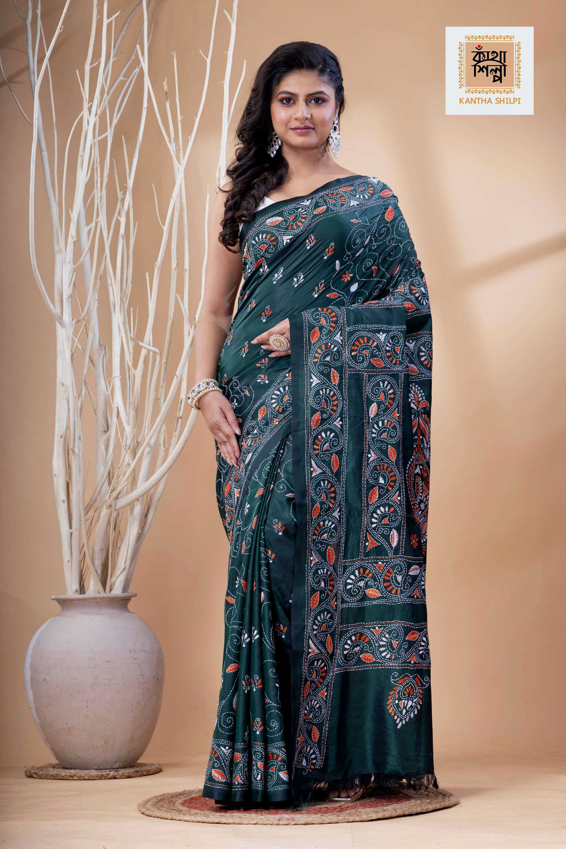 Dark Green Color Bangalore Silk White-Orange Color Thread Work Kantha Stitch Saree