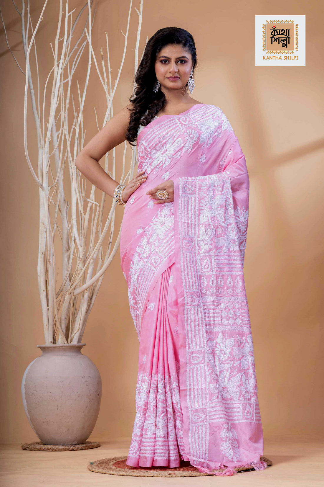 Pink Color Bangalore Silk White Color Thread Work Kantha Stitch Saree