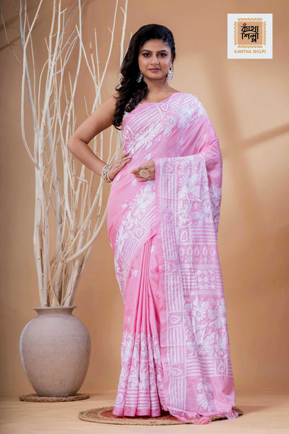 Pink Color Bangalore Silk White Color Thread Work Kantha Stitch Saree