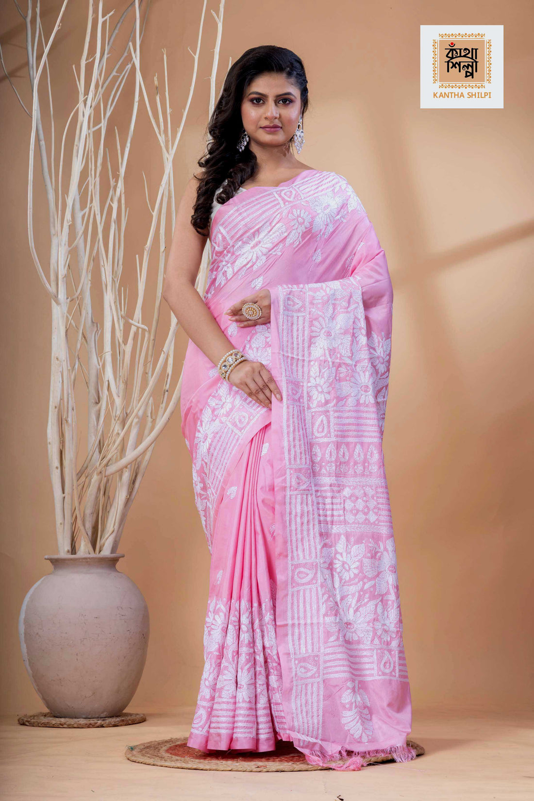 Pink Color Bangalore Silk White Color Thread Work Kantha Stitch Saree