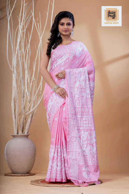 Pink Color Bangalore Silk White Color Thread Work Kantha Stitch Saree