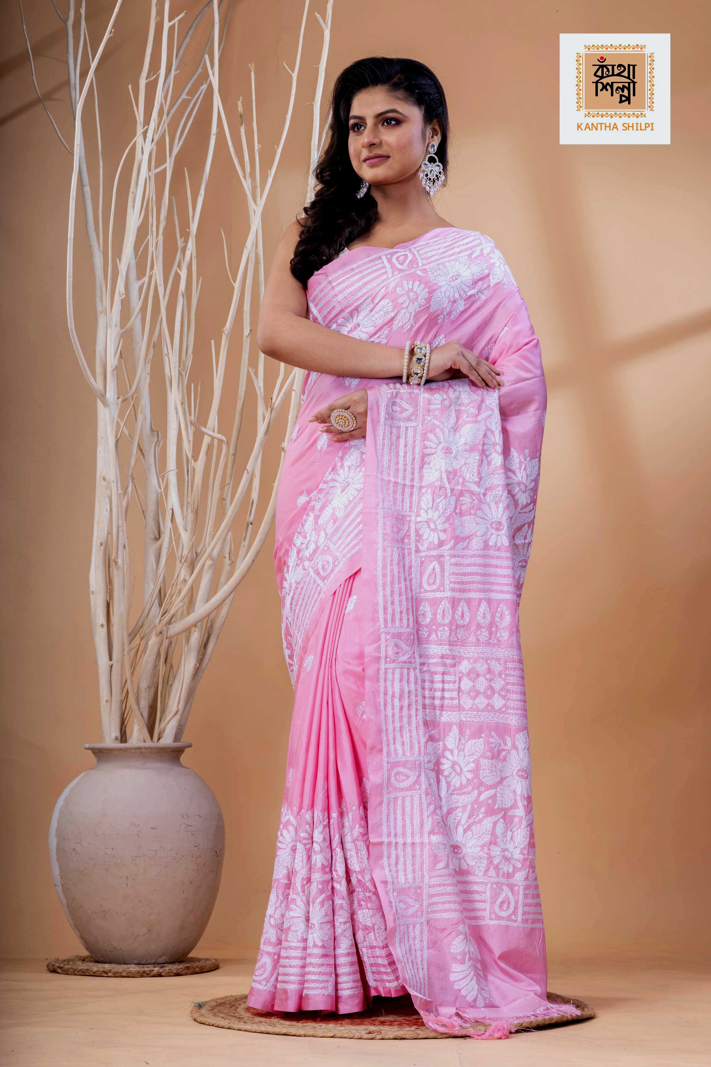 Pink Color Bangalore Silk White Color Thread Work Kantha Stitch Saree