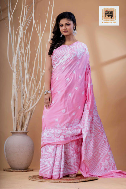 Pink Color Bangalore Silk White Color Thread Work Kantha Stitch Saree