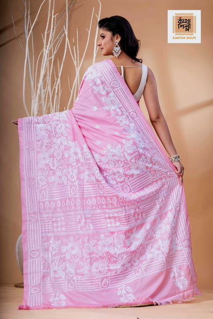 Pink Color Bangalore Silk White Color Thread Work Kantha Stitch Saree