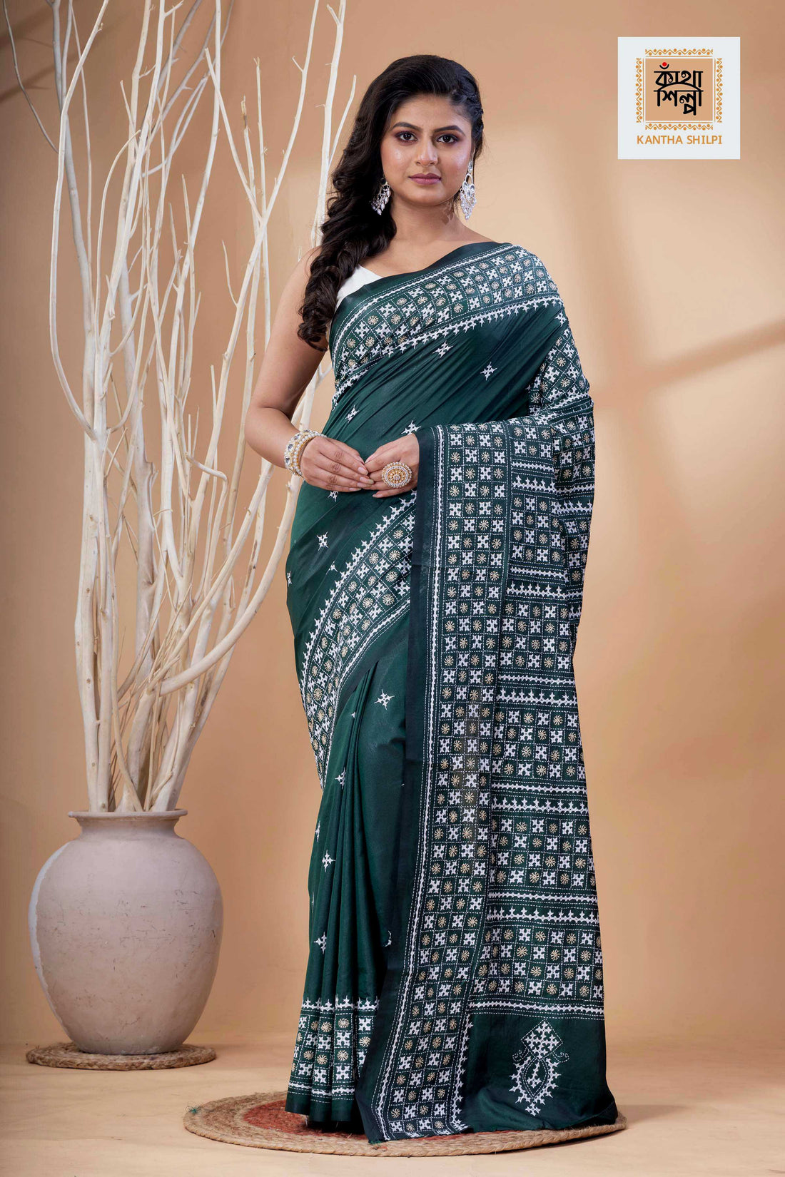 Dark Green Bangalore Silk White-Beige Thread Work Gujrati Stitch Saree