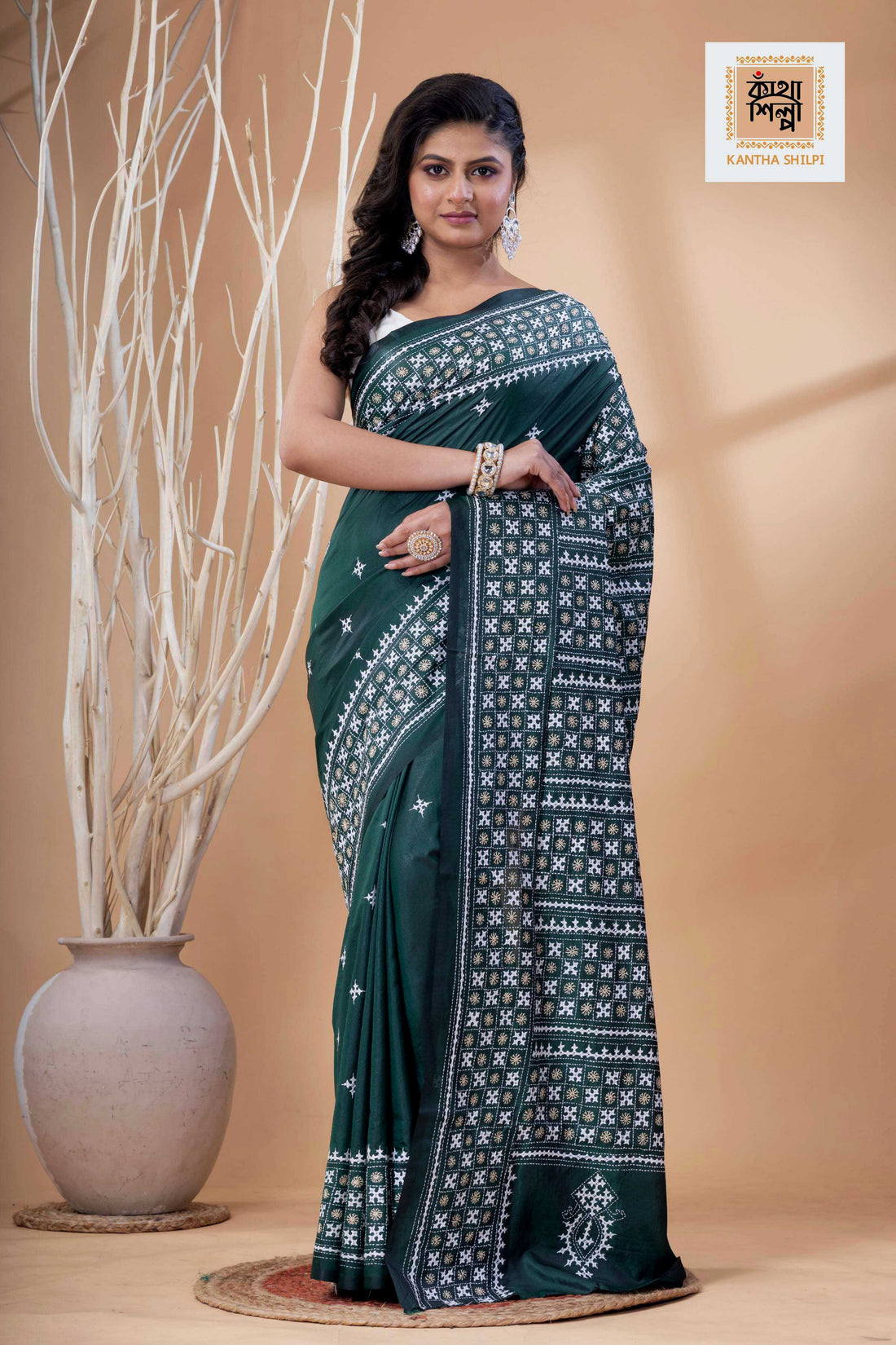 Dark Green Bangalore Silk White-Beige Thread Work Gujrati Stitch Saree