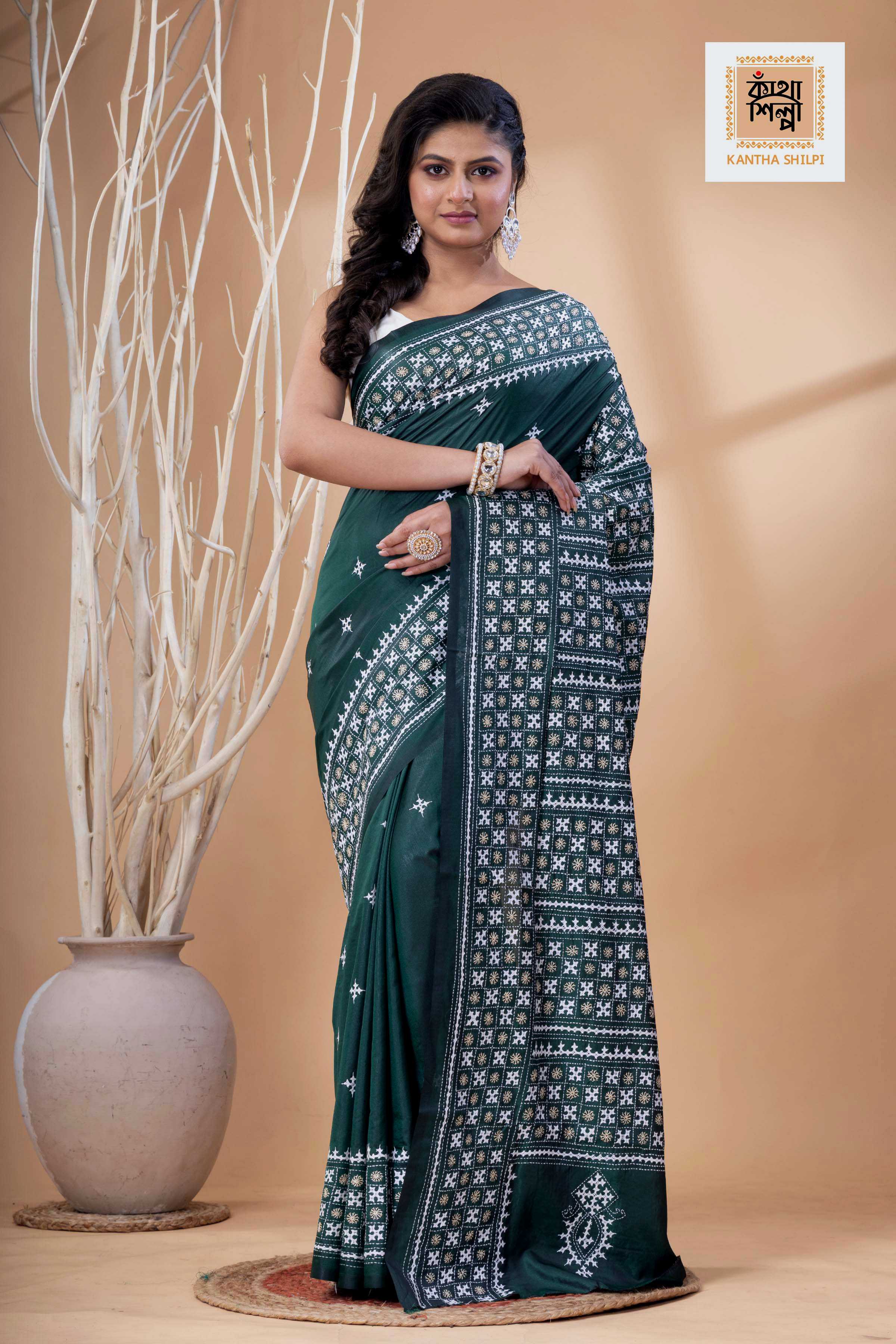 Dark Green Bangalore Silk White-Beige Thread Work Gujrati Stitch Saree