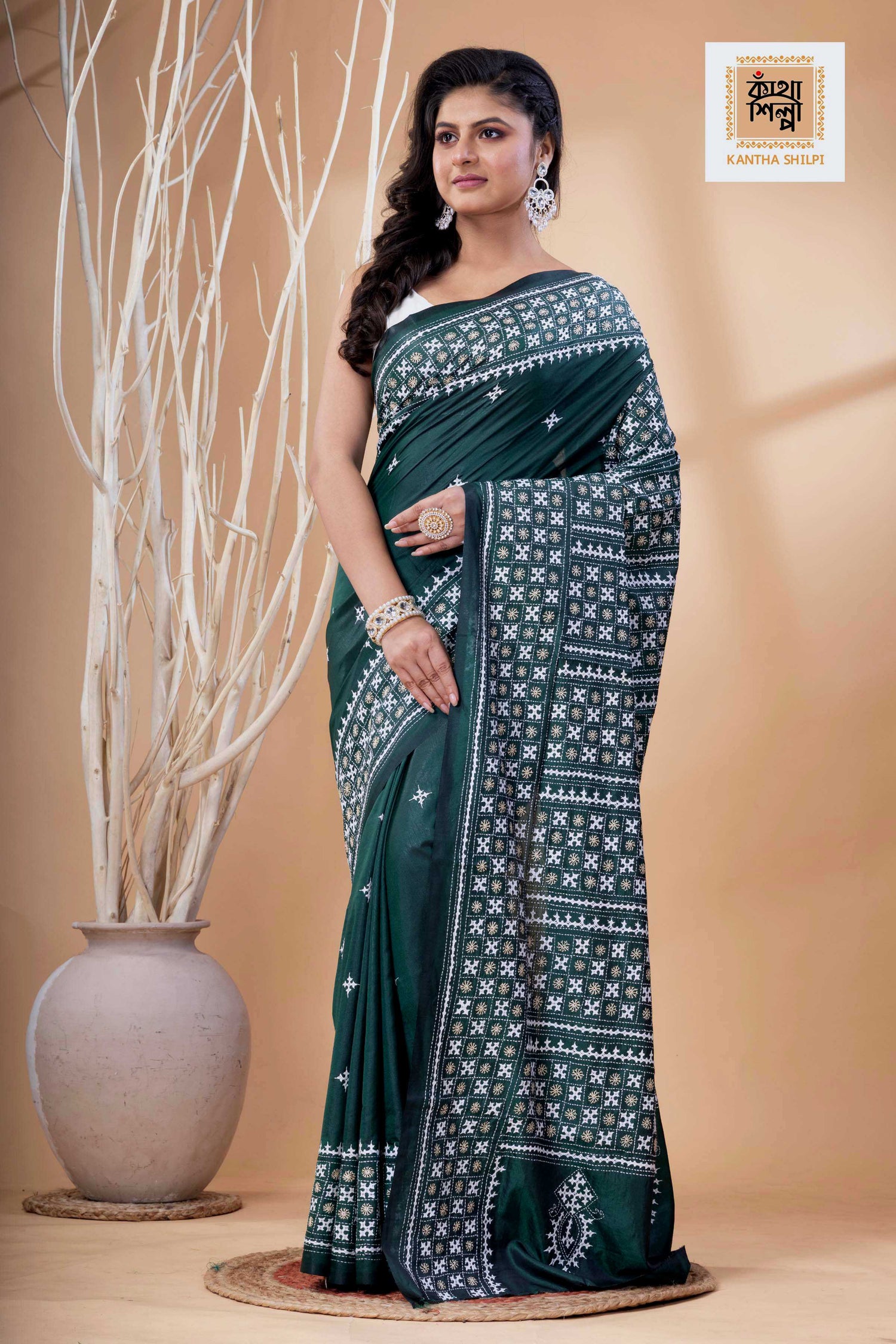 Dark Green Bangalore Silk White-Beige Thread Work Gujrati Stitch Saree