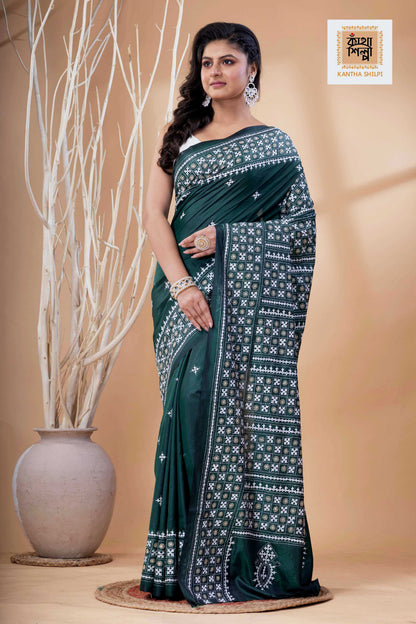 Dark Green Bangalore Silk White-Beige Thread Work Gujrati Stitch Saree