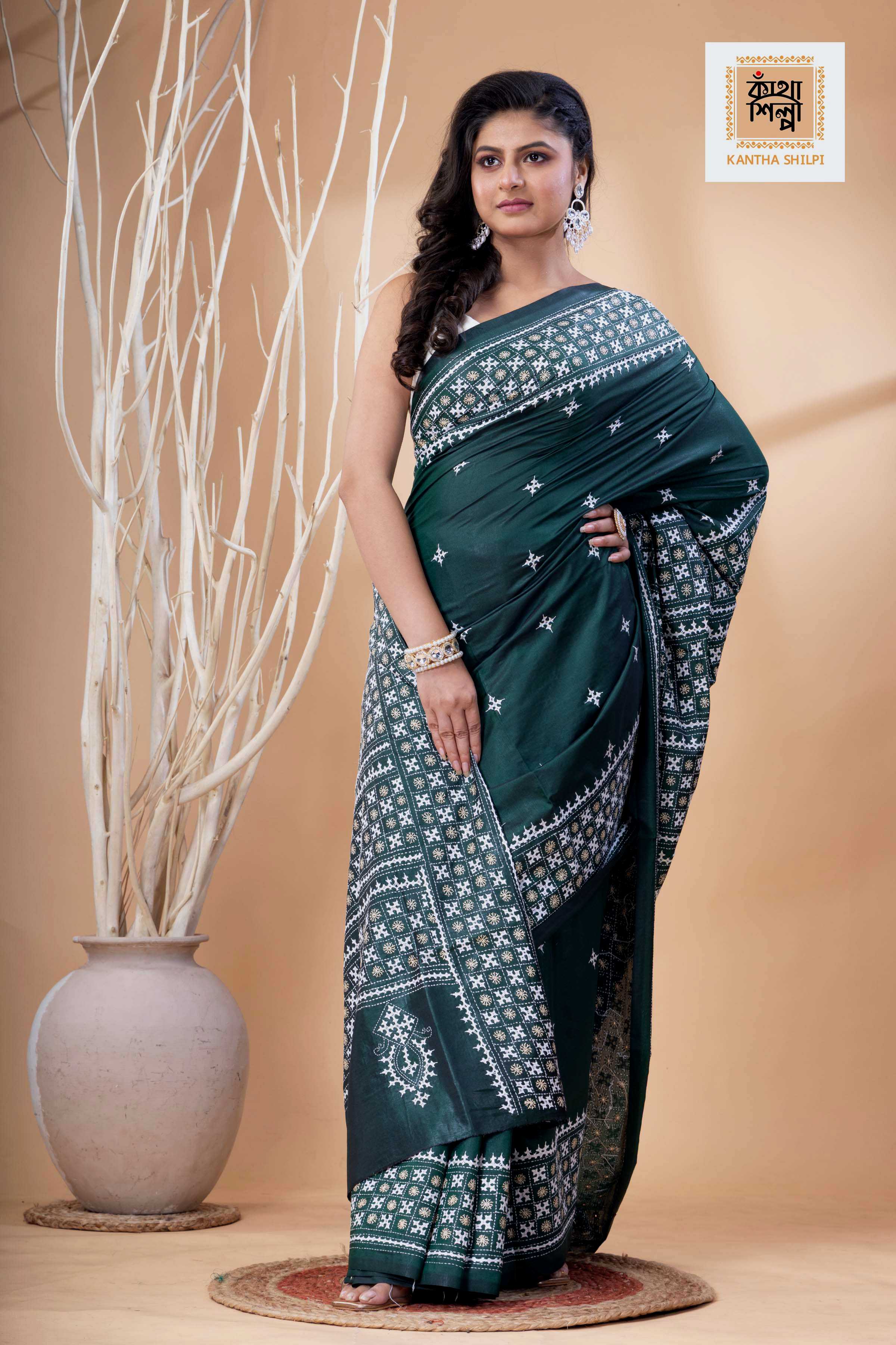 Dark Green Bangalore Silk White-Beige Thread Work Gujrati Stitch Saree