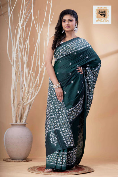 Dark Green Bangalore Silk White-Beige Thread Work Gujrati Stitch Saree