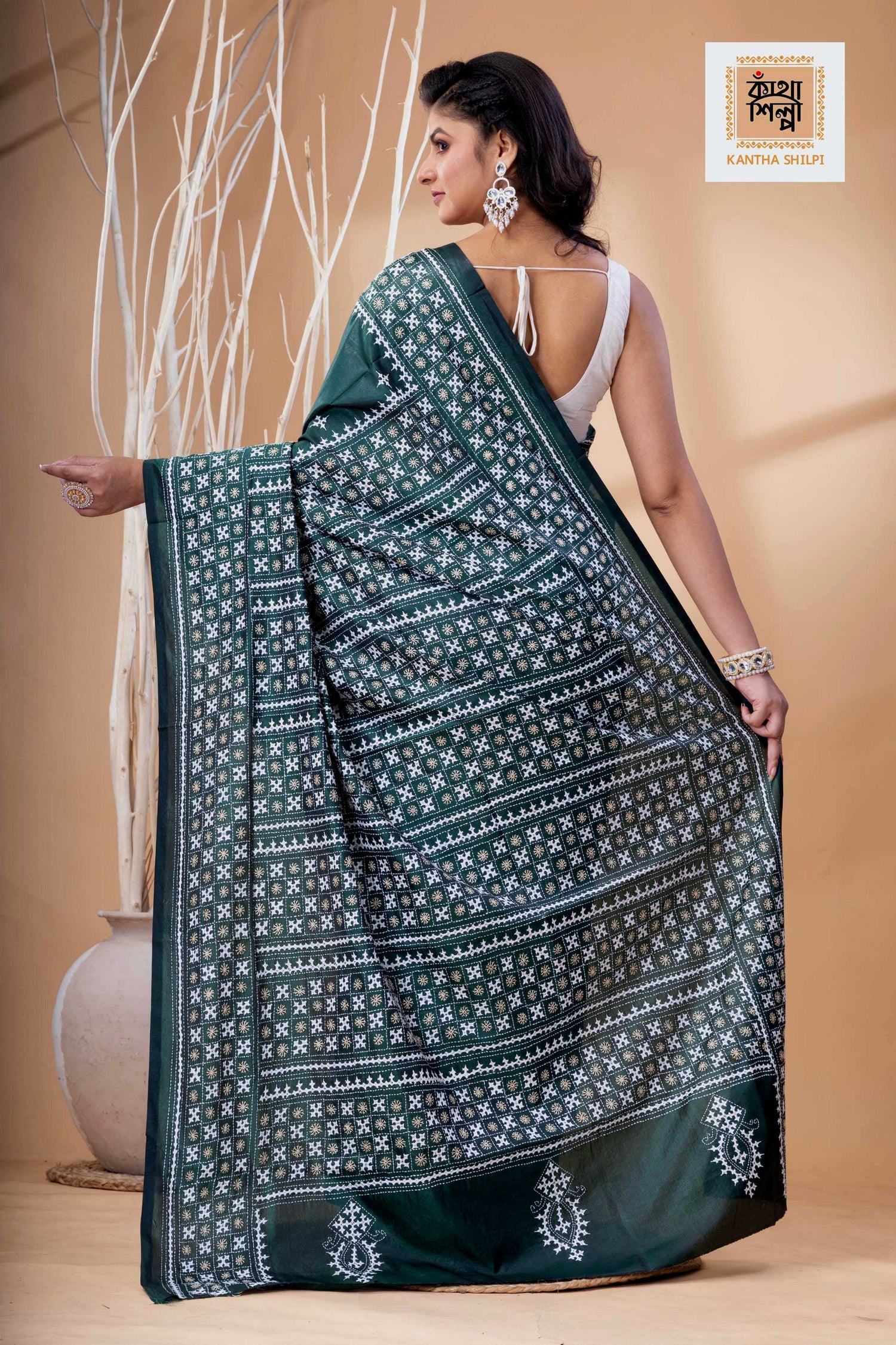 Dark Green Bangalore Silk White-Beige Thread Work Gujrati Stitch Saree