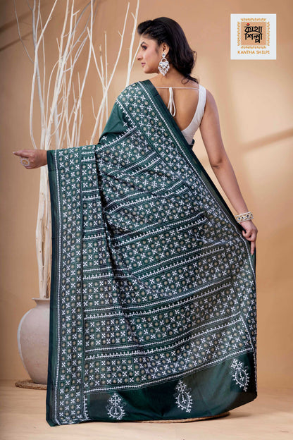 Dark Green Bangalore Silk White-Beige Thread Work Gujrati Stitch Saree