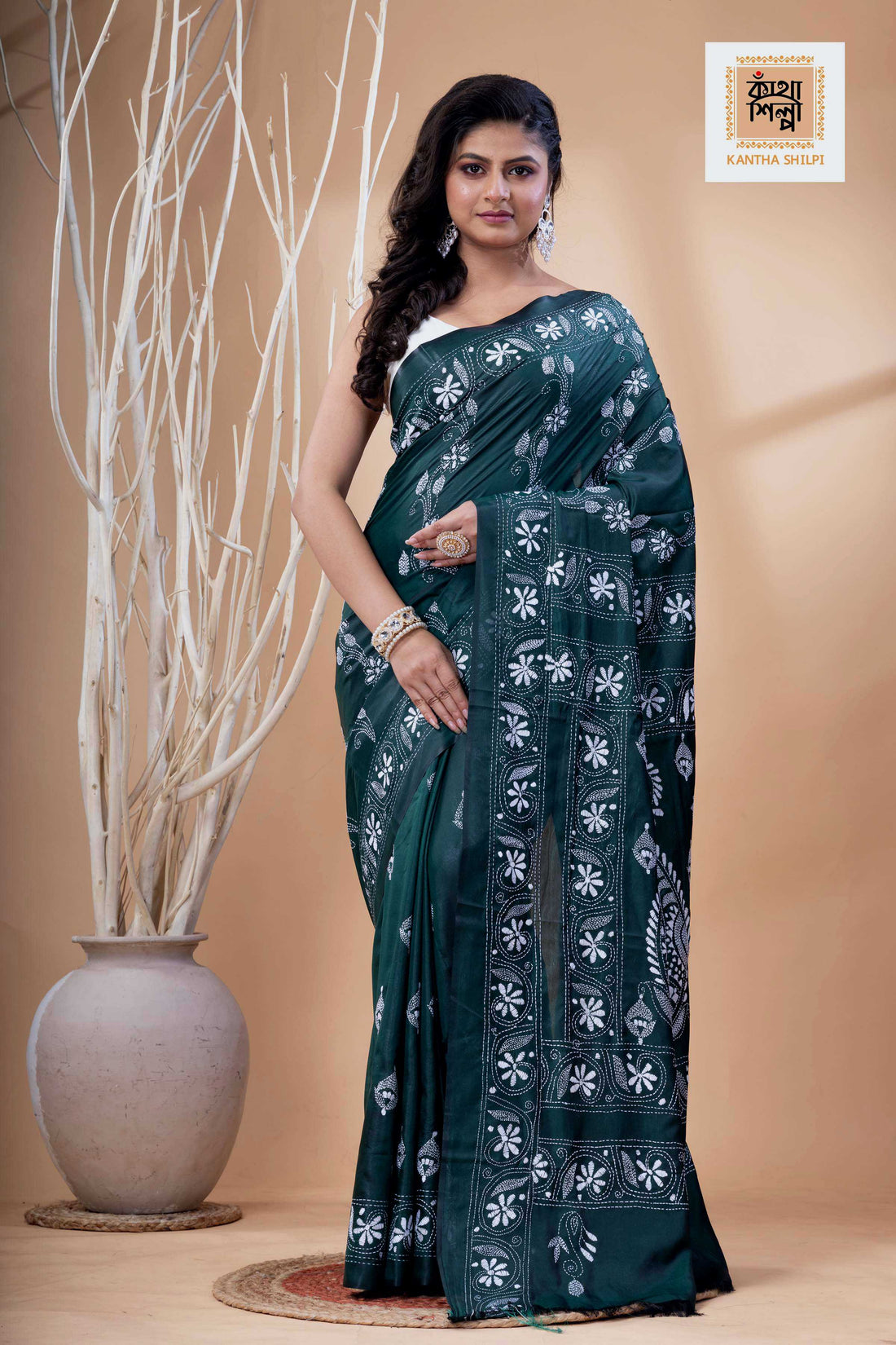 Dark Green Color Bangalore Silk White Color Thread Work Kantha Stitch Saree