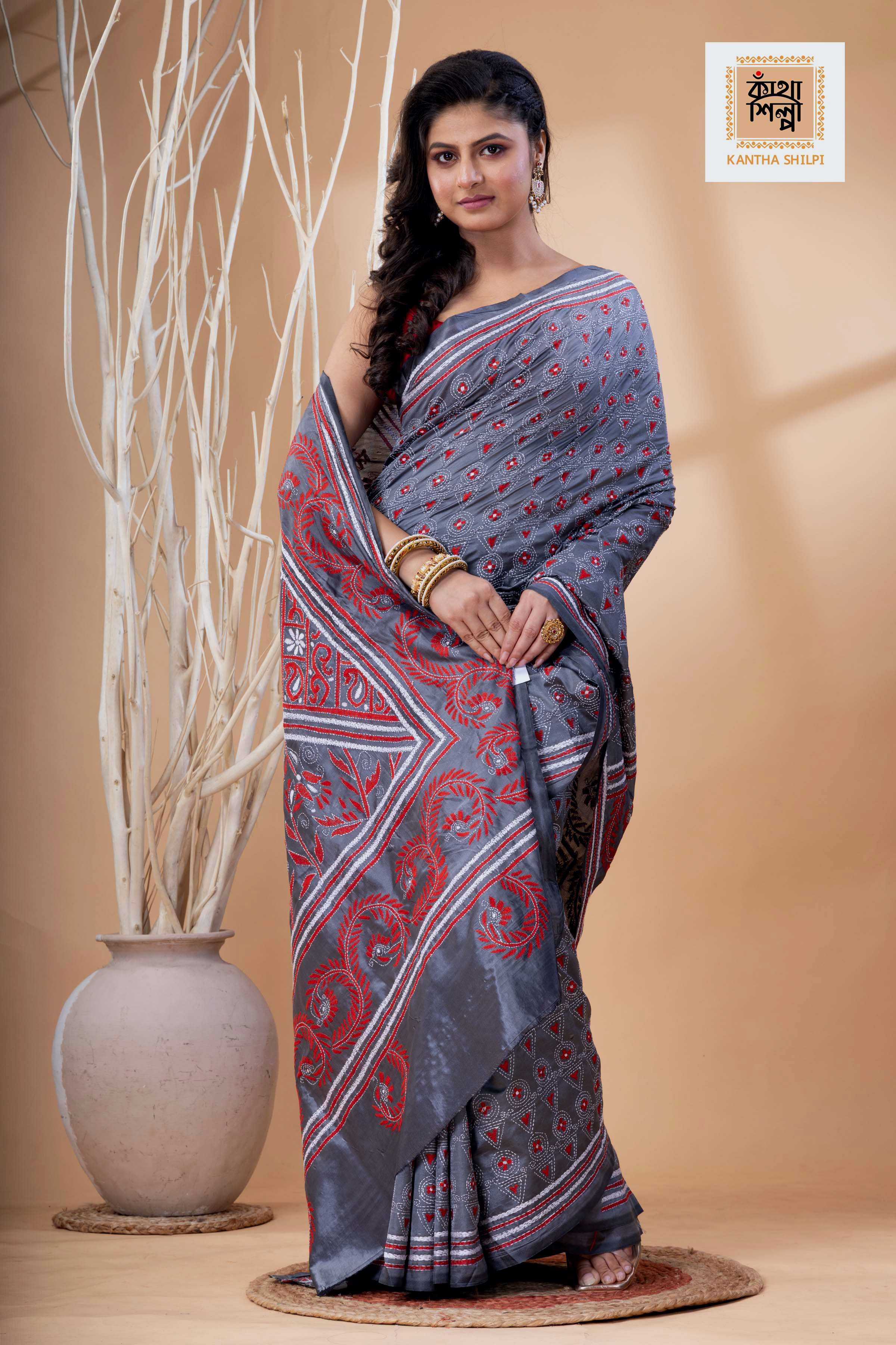 Stil Gray Color Bangalore Silk Red-White Color Thread Work Kantha Stitch Saree