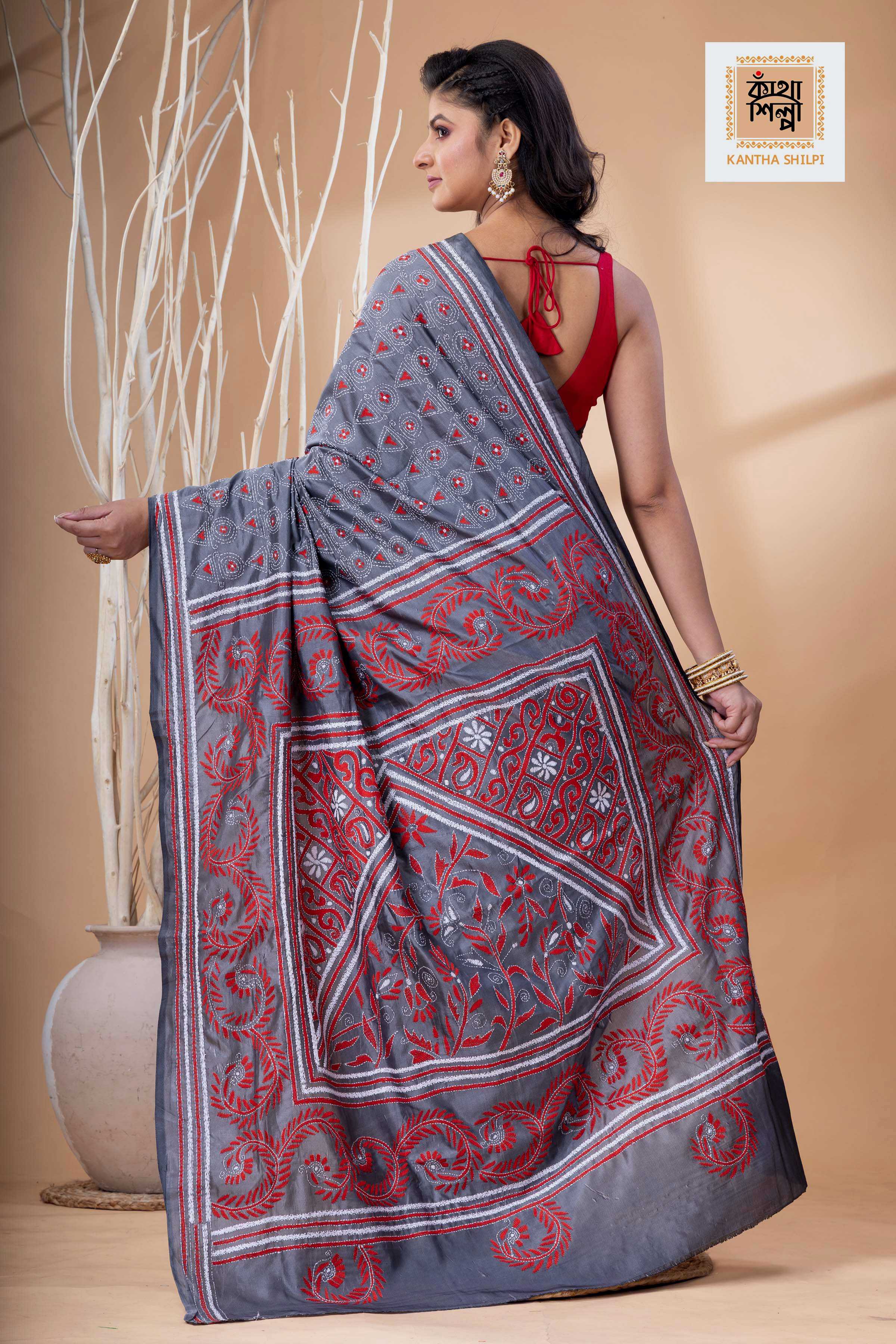Stil Gray Color Bangalore Silk Red-White Color Thread Work Kantha Stitch Saree