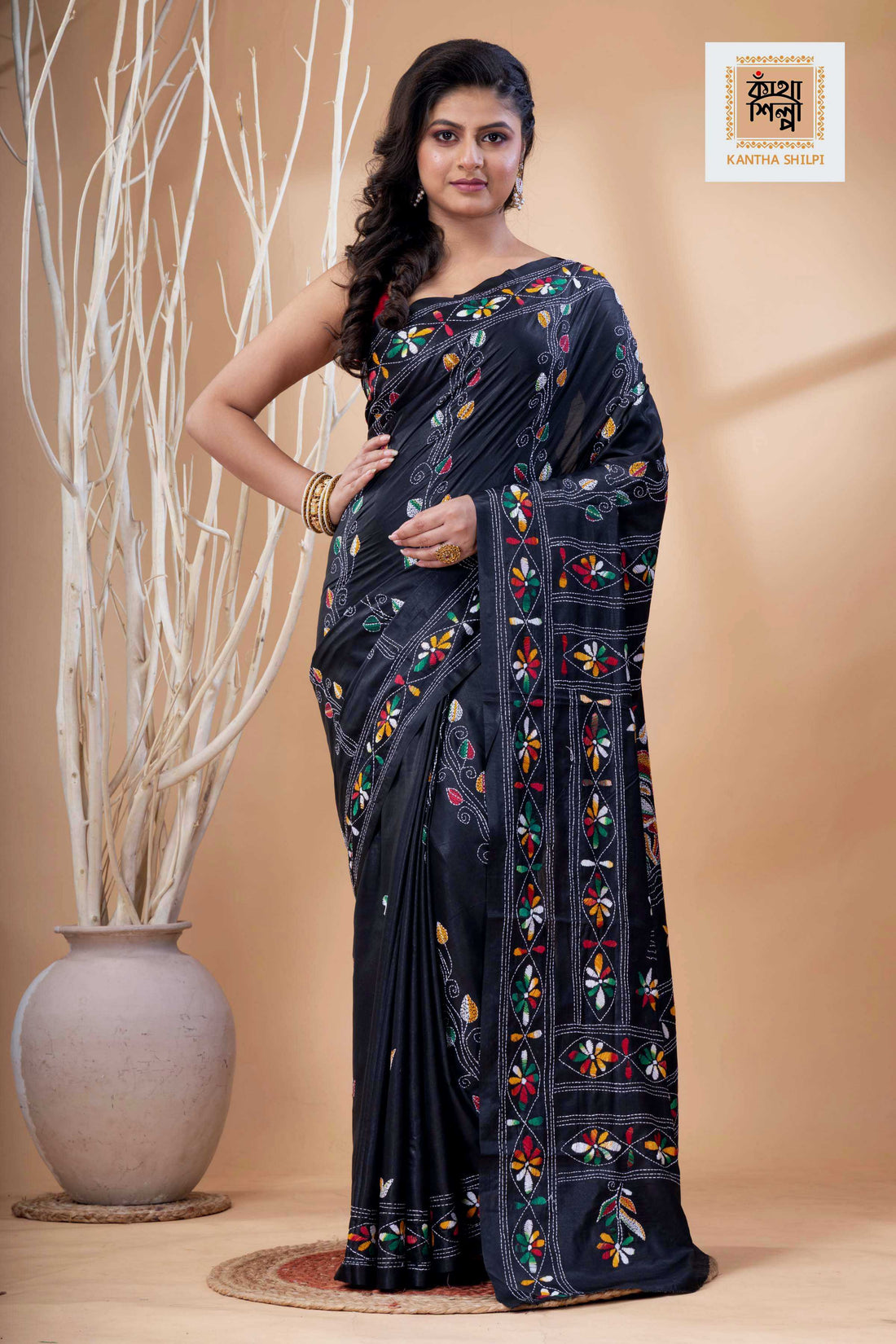 Black Color Bangalore Silk Multicolor Thread Work Kantha Stitch Saree