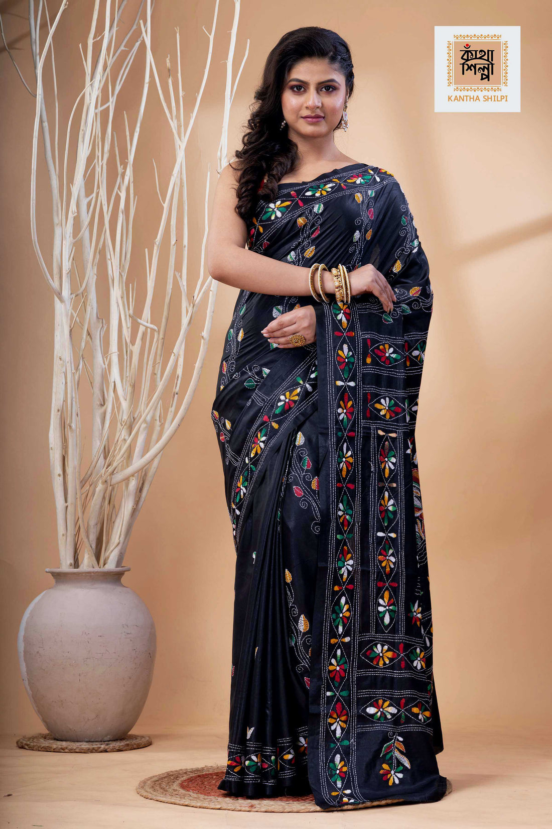 Black Color Bangalore Silk Multicolor Thread Work Kantha Stitch Saree
