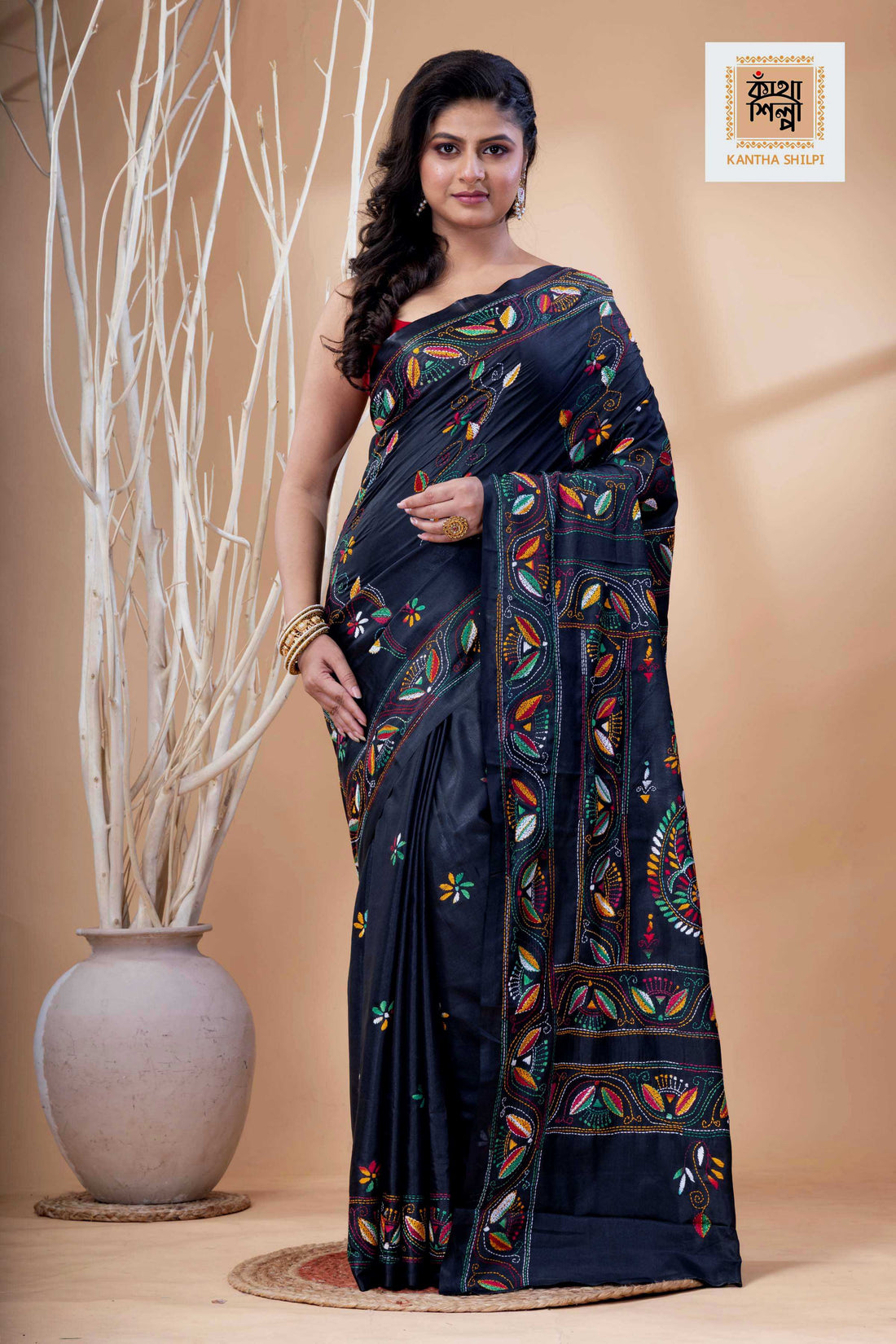 Black Color Bangalore Silk Multicolor Color Thread Work Kantha Stitch Saree