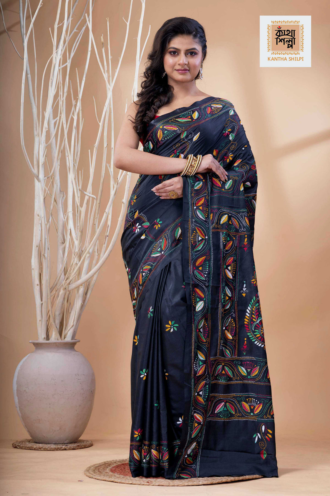 Black Color Bangalore Silk Multicolor Color Thread Work Kantha Stitch Saree