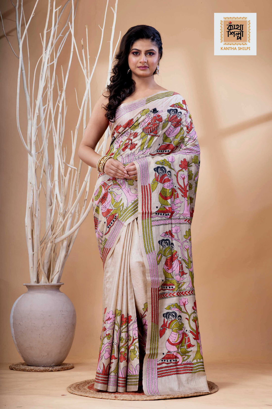 Gachi Tussar Multicolor Thread Work Village Motif Kantha Stitch Saree