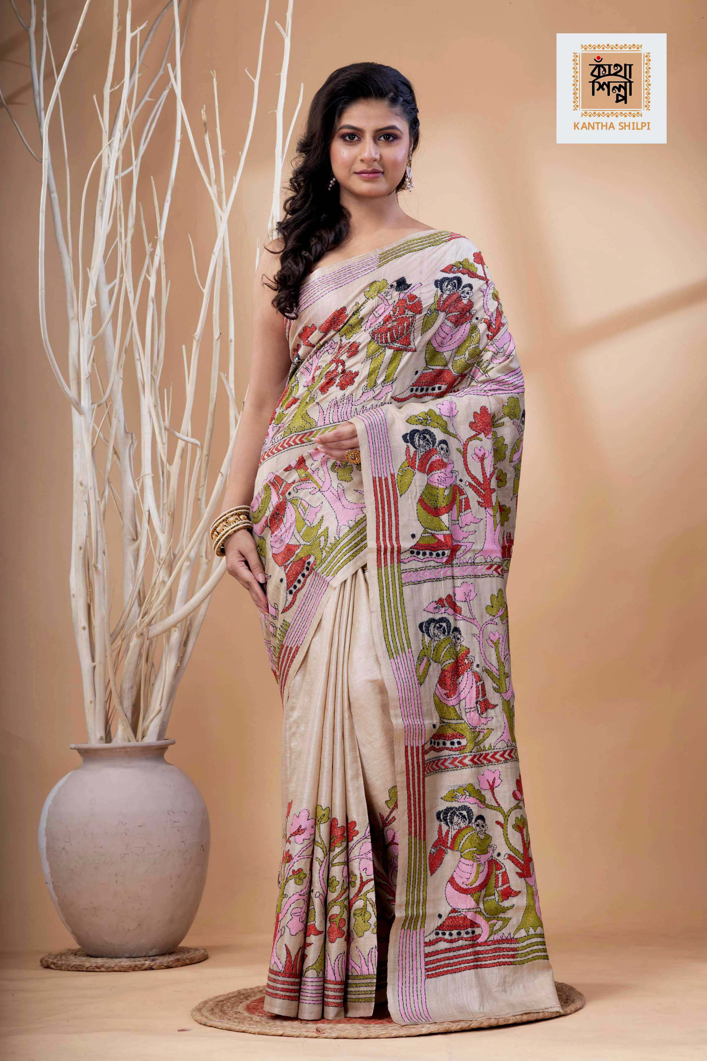 Gachi Tussar Multicolor Thread Work Village Motif Kantha Stitch Saree