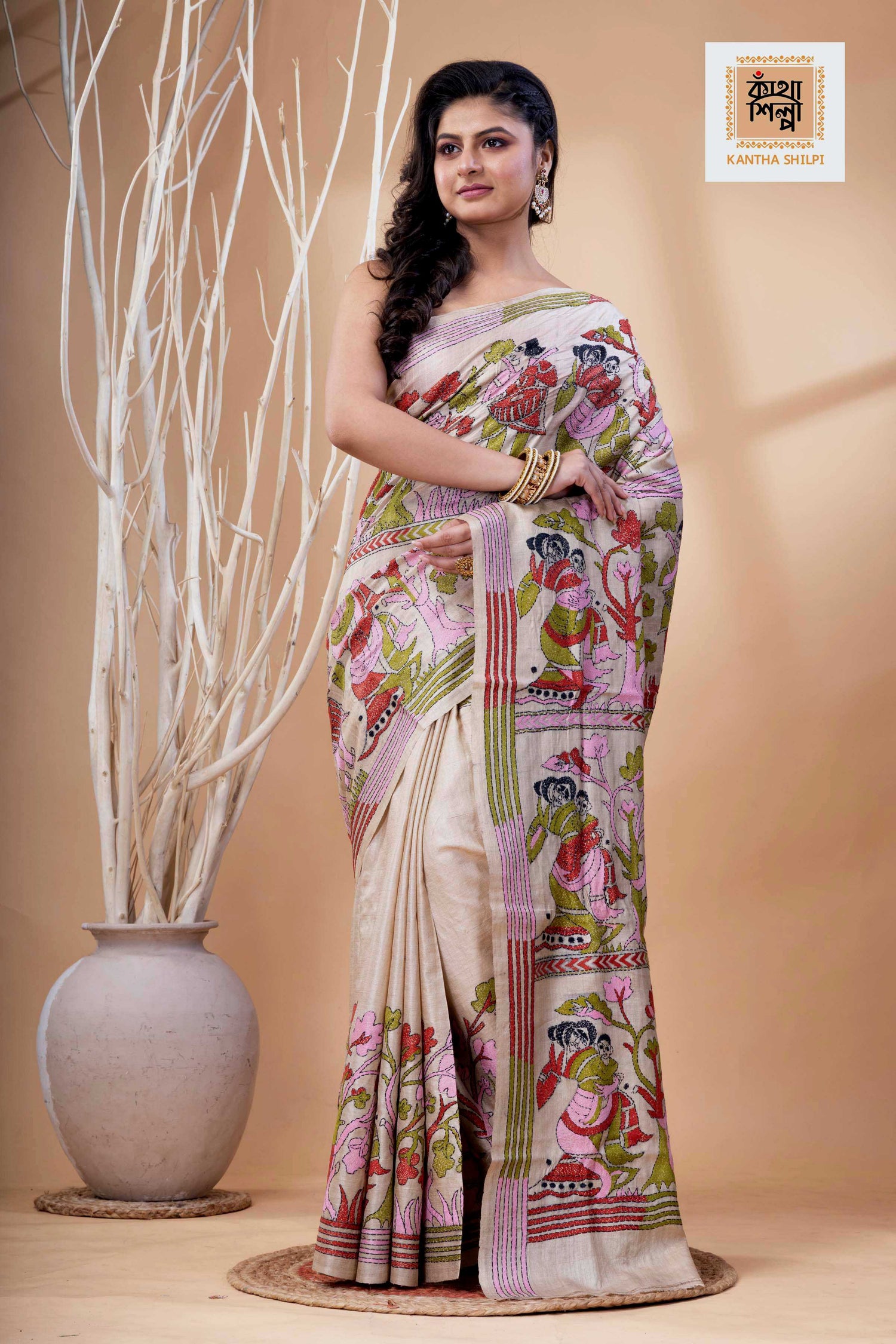 Gachi Tussar Multicolor Thread Work Village Motif Kantha Stitch Saree