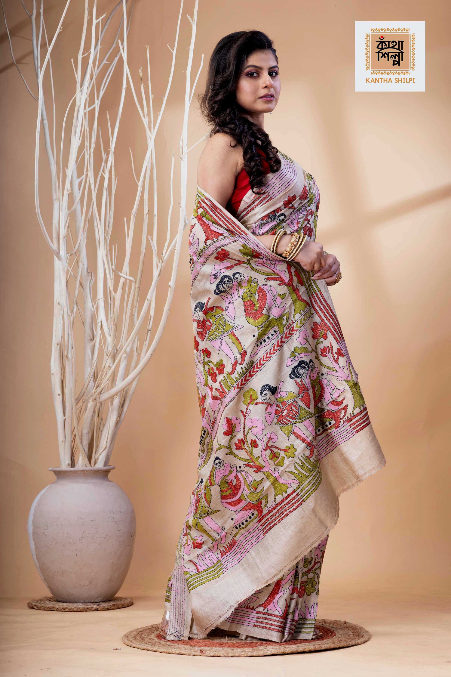 Gachi Tussar Multicolor Thread Work Village Motif Kantha Stitch Saree