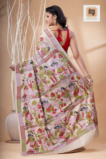 Gachi Tussar Multicolor Thread Work Village Motif Kantha Stitch Saree