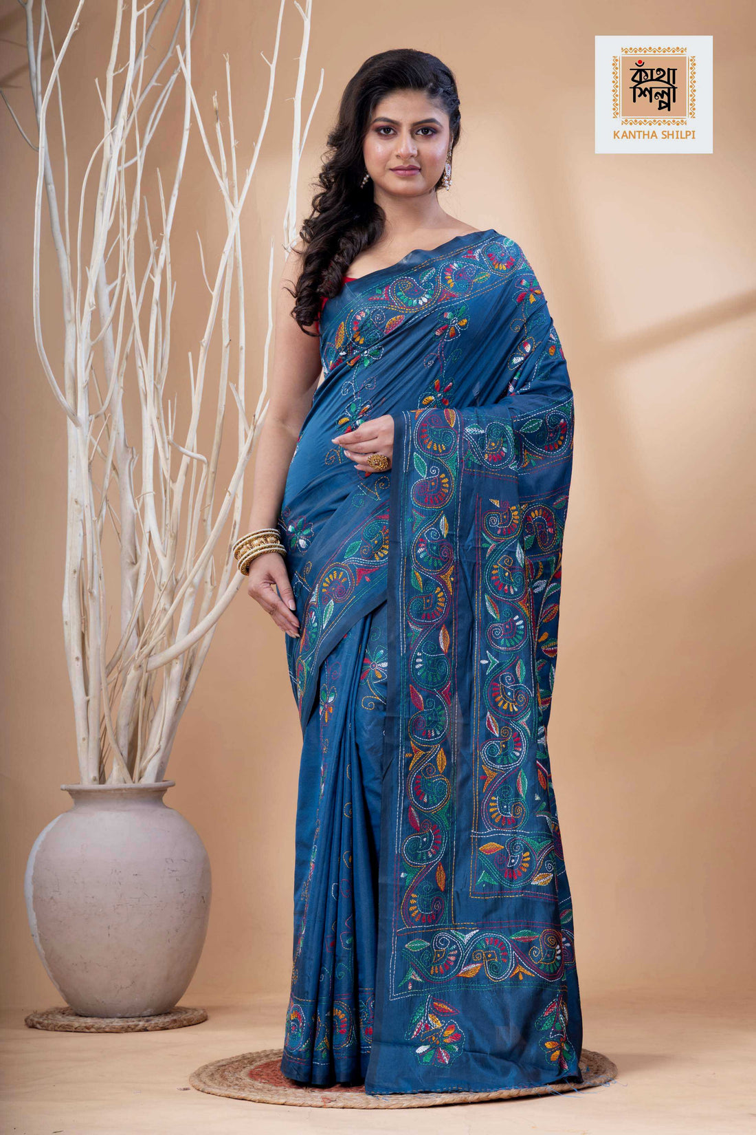 Regal Blue Color Bangalore Silk Multicolor Thread Work Kantha Stitch Saree
