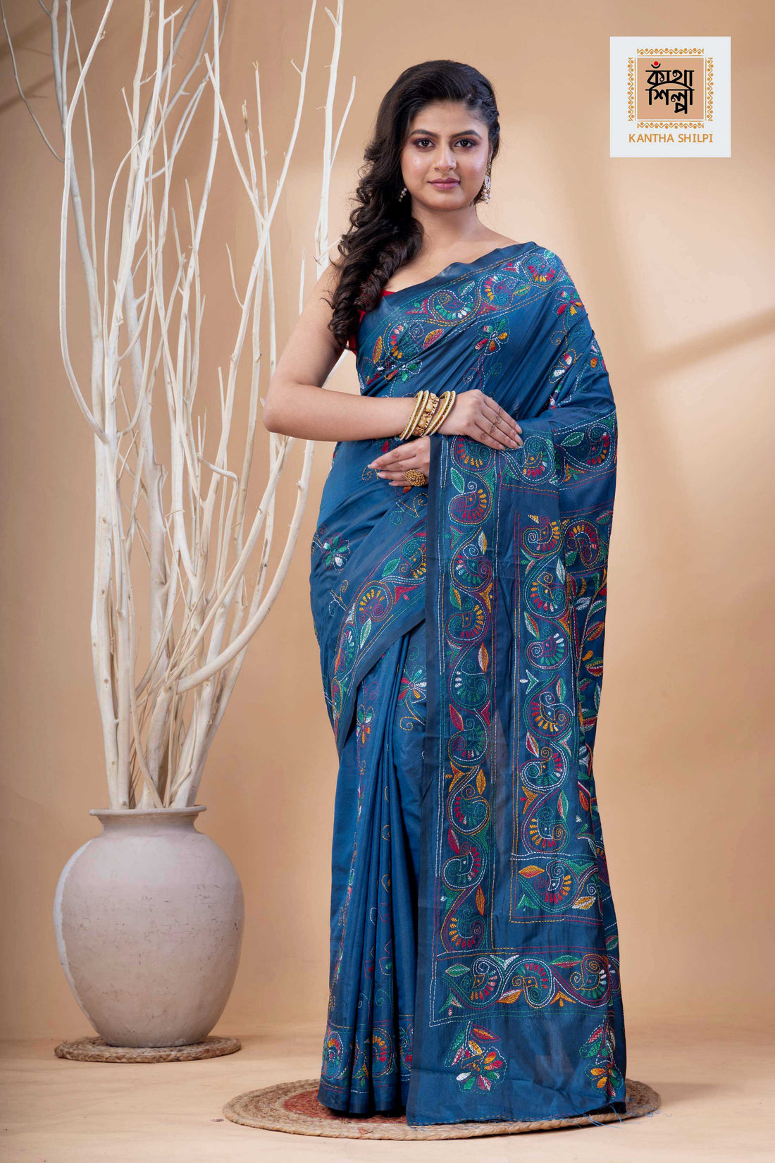 Regal Blue Color Bangalore Silk Multicolor Thread Work Kantha Stitch Saree